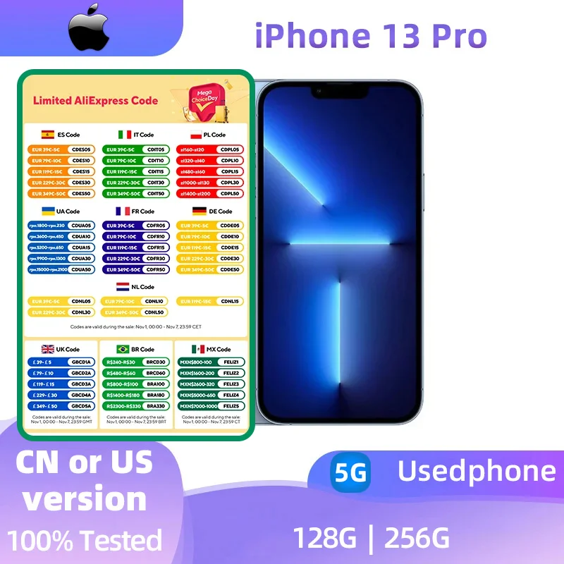 Apple iphone 13 Pro 5G 6.1'' 128GB/256GB/512GB ROM A15 Bionic Chip iOS16 All Colours in Good Condition Original used phone