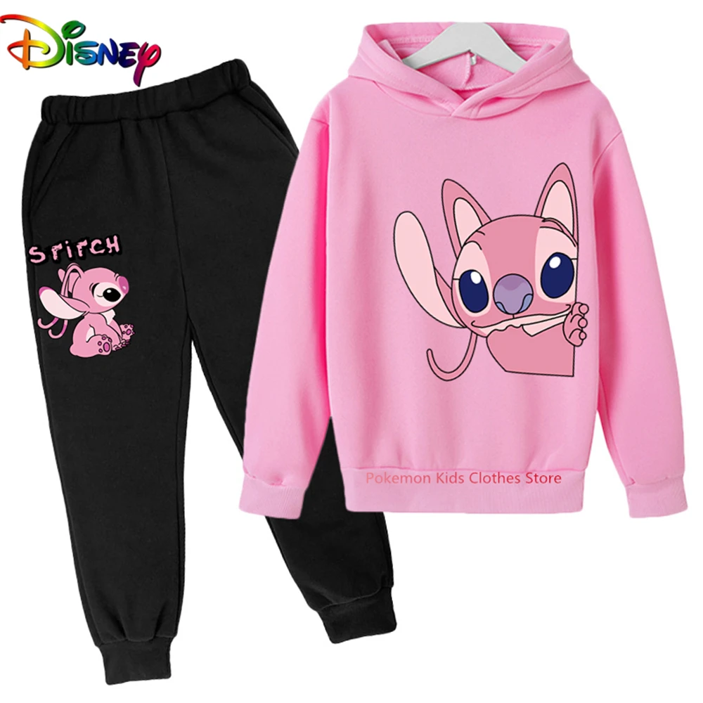 

Pink Stitch Hoodie Kids cartoon casual sports suit long-sleeved Kawaii 2-piece set spring Disney girls Clothing models