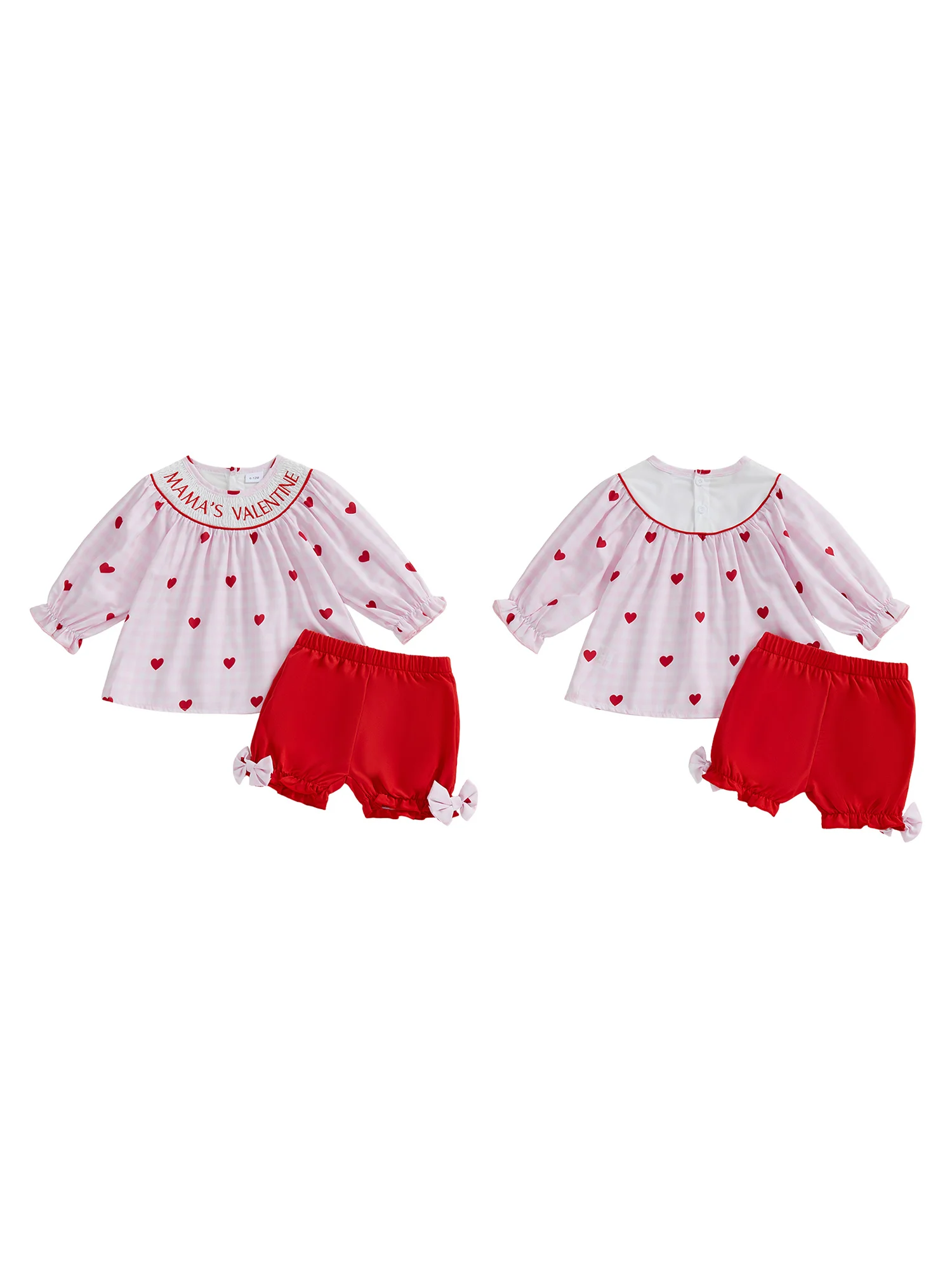 Valentine s Day Baby Girls 2 Piece Outfits Heart Print Long Sleeve Crew Neck Tops and Elastic Waist Shorts Set with Bow Detail
