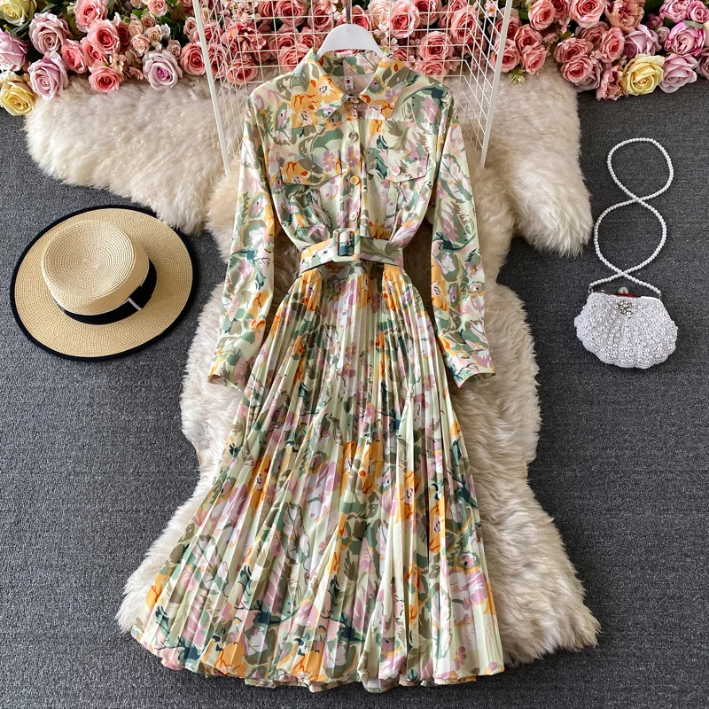 

Bohemian Flower Print Single-Breasted Belt Slim Fit Elegant Shirt Dress 2021Summer Female Long Sleeve Pocket Pleated Midi Dress