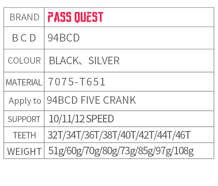 Description Picture 5 of itemPASS QUEST 94BCD (5-bolt) ROUND Narrow Wide Chainring for FIVE CLAW CRANK 10/11/12 Speed ordinary chain Bicycle Accessories