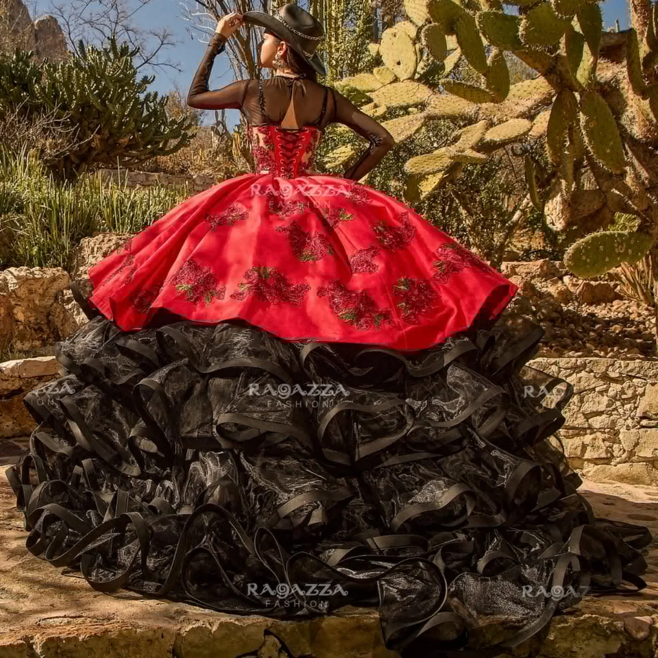 Red And Black Charro Quinceanera Traditional Quince Dress Black Charro  Quinceanera Dresses Ball Gown Long Sleeves Appliques Ruffles Puffy Mexican  Sweet 16 Dresses 15 Anos Customized AliExpress 320
