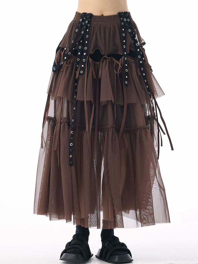 [EAM] High Elastic Waist Coffee Mesh Perspective Ribbon Strap Half-body Skirt Women Fashion Tide New Spring Autumn 2026 1DJ5044