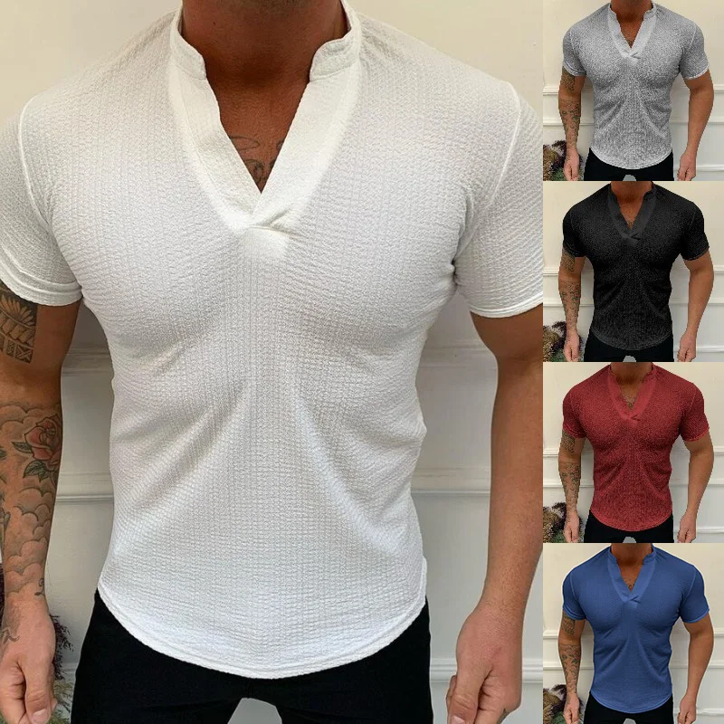 Men shirts Solid Pullover Tunic Tops Tees V Neck T Shirt Threaded Streetwear Breathable Clothing Off White| | - AliExpress