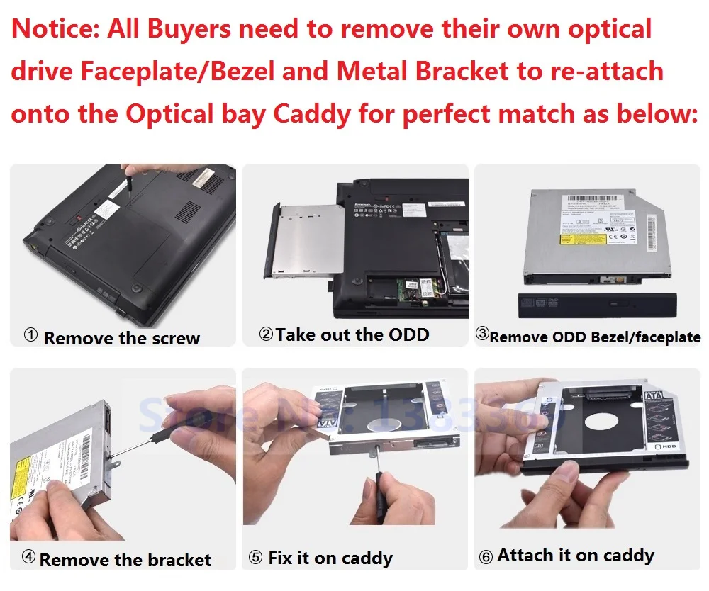 NIGUDEYANG 2nd Hard Drive SSD HDD Caddy Adapter for Lenovo IdeaPad Y400 Y410 Y410P Y410PT Y500 Y510P Y510PT swap Optical Drive