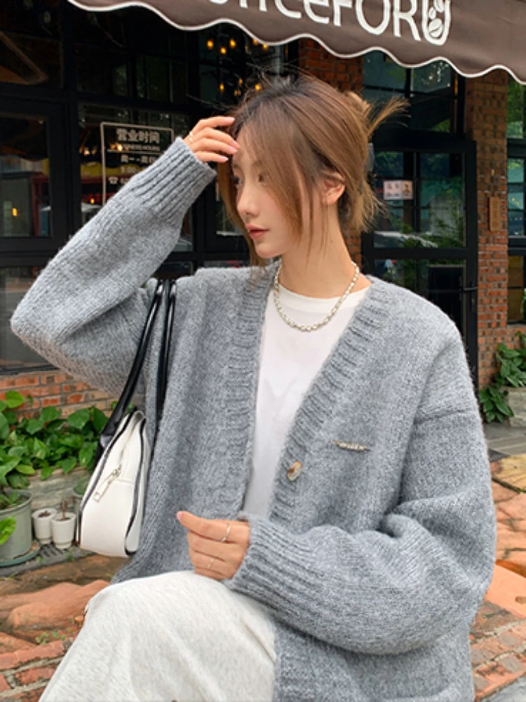 여성용 헐렁한 싱글 브레스트 가디건, 우아한 한국 스타일, 스타일리시 심플 브이넥 뜨게 스웨터, 심미적, 가을