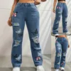 Women's High Waist Button Up Butterfly Print Jeans Fashion Casual Straight Pants for Women Spring Summer 2024 Chic Ripped Jeans 3