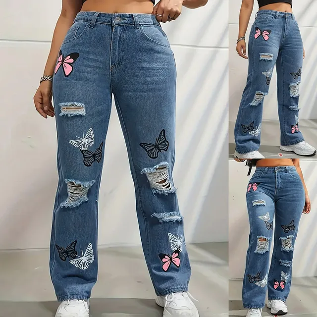 Women's High Waist Button Up Butterfly Print Jeans Fashion Casual Straight Pants for Women Spring Summer 2024 Chic Ripped Jeans 3