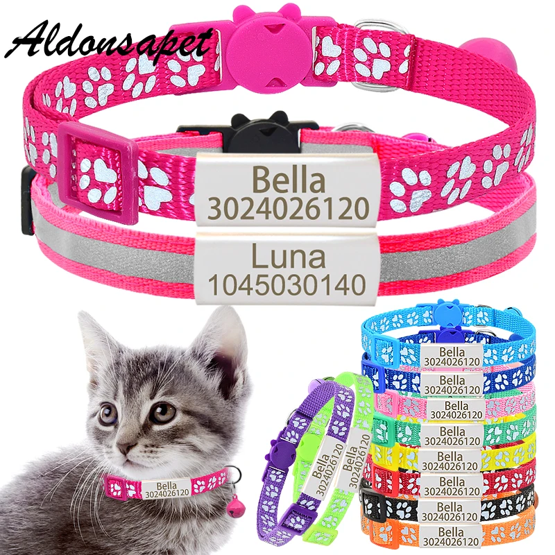 2 Pack Personalized Reflective Name Tag Cat Collar Bell Custom Engraved Safety Breakaway Nylon Nameplate Cat Collar For Kitten