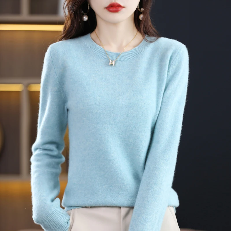 100% autumn and winter new pure woolen sweater women's knitted bottoming shirt round neck cashmere sweater foreign style Joker.