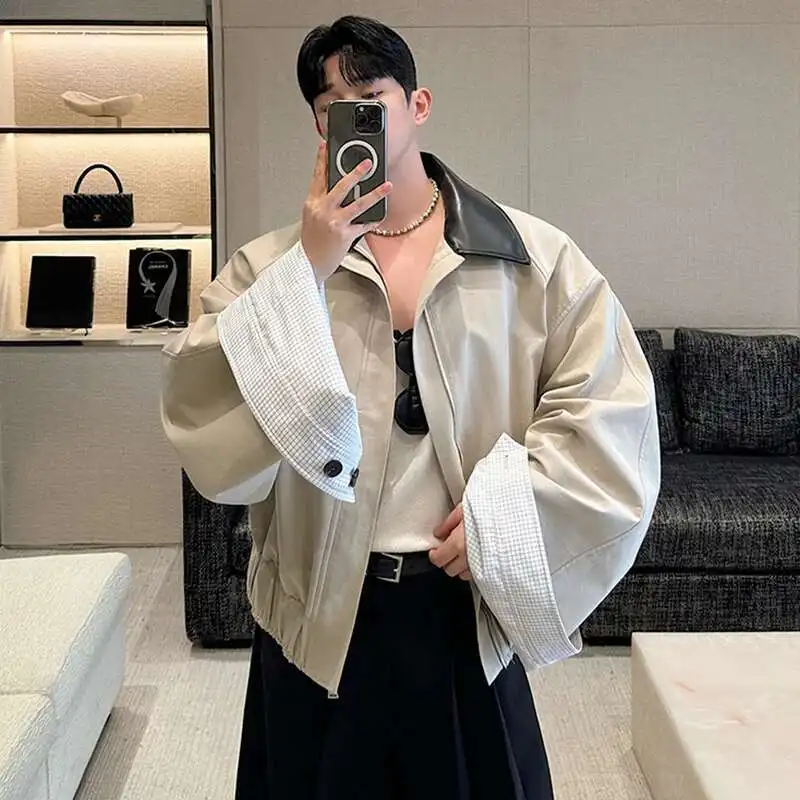 LUZHEN Spring Design Leather Collar Trendy Jacket Personalized Handsome Classy Versatile Color Contrast Tops