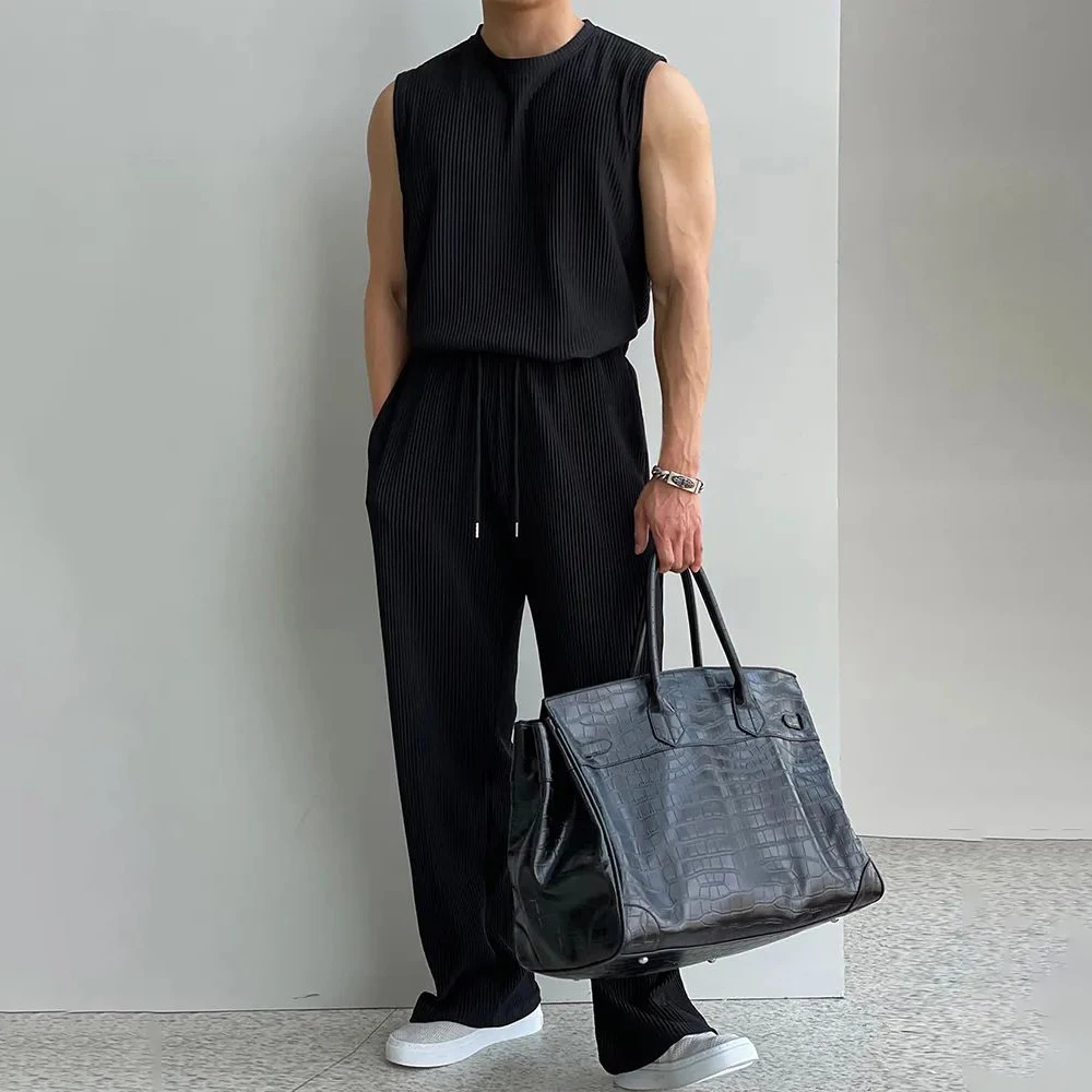 2023 Summer Casual Suit Pleated Sleeveless Tank Tops Trousers Men's Sports Clothing Wrinkled Solid Vest Long Pants Two-Piece Set gradient baggy wide leg pant tshirts set men y2k trousers summer high waist long pleated pants short sleeve tees two piece suit