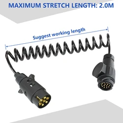 Heavy - Duty Curly Extension Cable for Trailer Towing - 3m, 13 - Pin to 7 - Pin Adapter (Black)