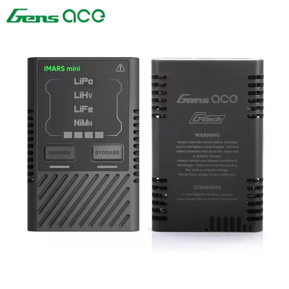 Chargeur intelligent Gens ace Imars Mini 60W connecté à une batterie LiPo via câble XT60, avec ports USB-C pour alimentation.