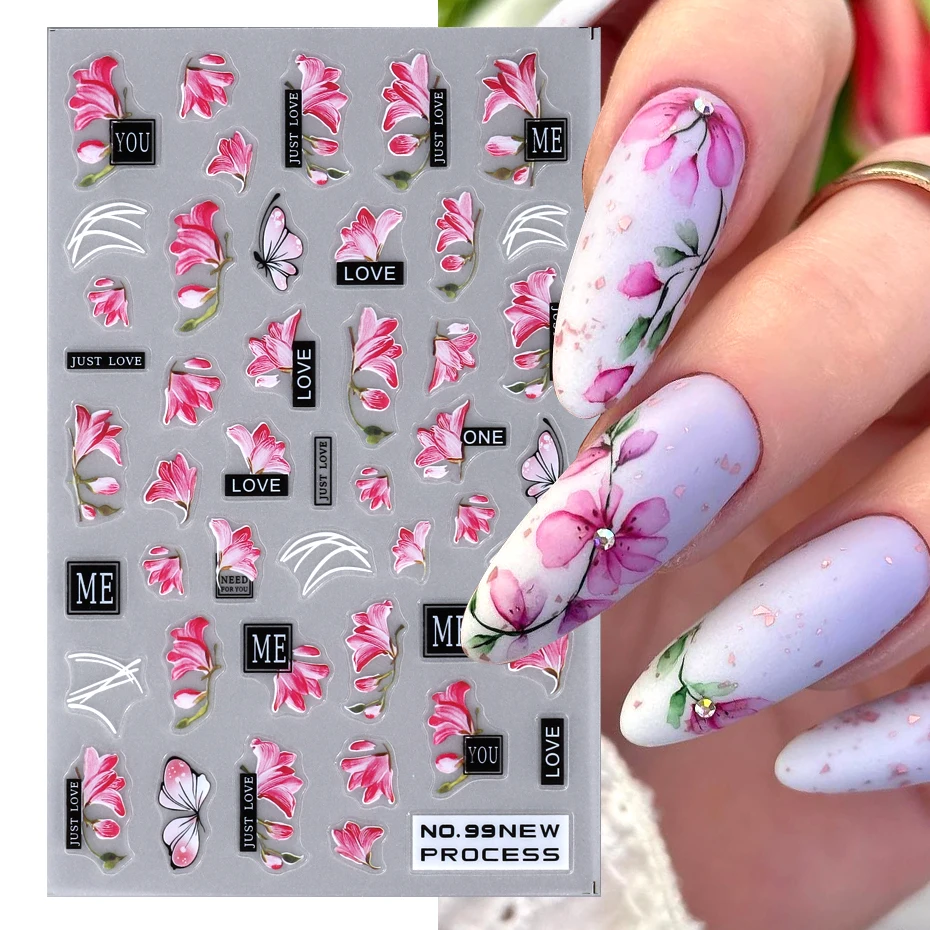 Pink Magnolia Nail Design Stickers Geometry Letter Blooming Floral