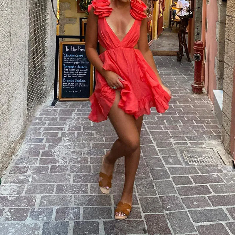 

2024 модное платье с глубоким V-образным вырезом и оборками, элегантное женское Плиссированное облегающее короткое платье, повседневное летнее ажурное мини-платье без рукавов