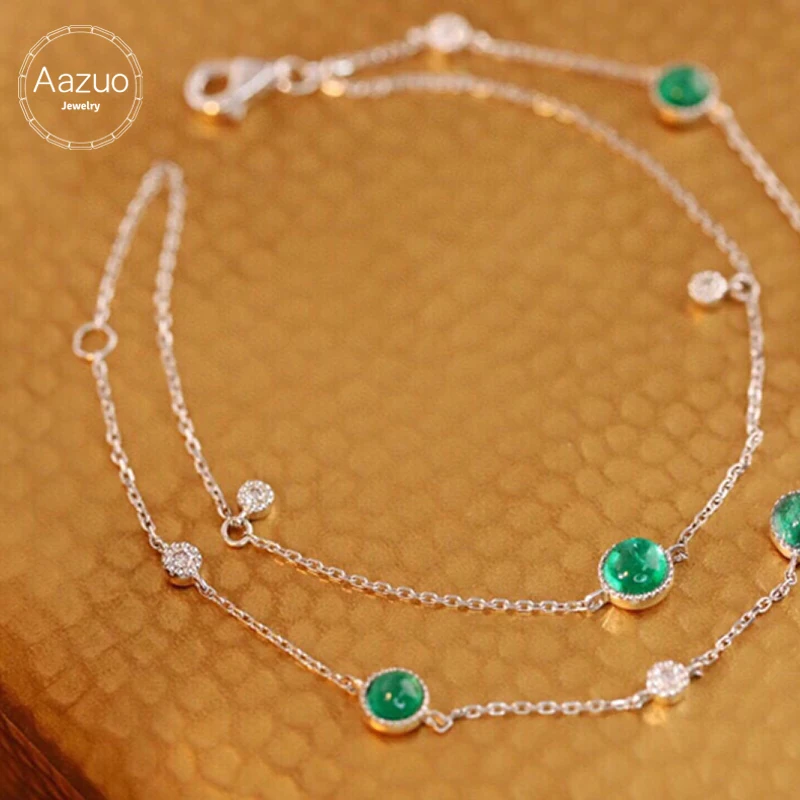 Aazuo 18K Solid White Gold Real Diamonds Natural Emerald Classic Double Chains Bracelet Gifted For Women High Cass Banquet