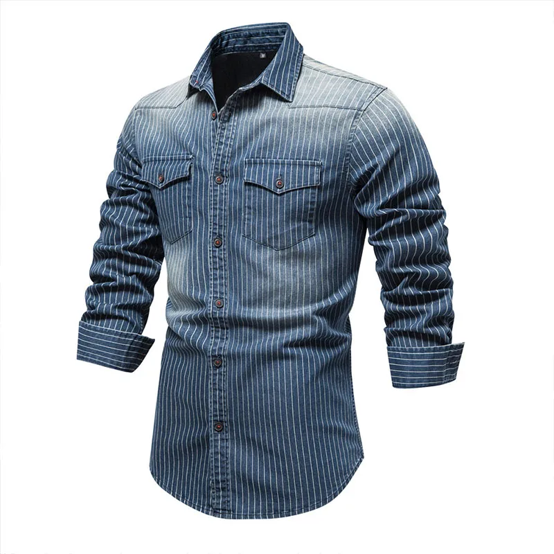 2023 Autumn/Winter Thick Top Cardigan 95% Cotton Plaid Pocket Decoration Casual Denim Shirt High Quality Fashion Men Casual Shir