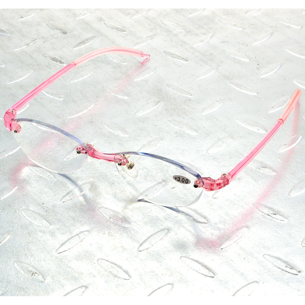 

Rectangle Transparent Pink Frame Rimless Light Spectacles Multi-coated Anti-fatigue Lenses Fashion Reading Glasses +0.75 To +4