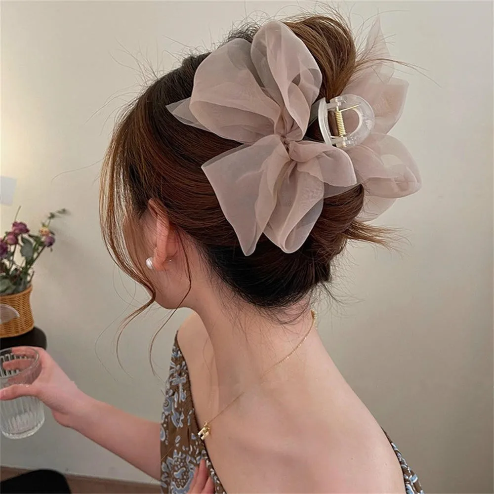 

Korea Sweet Mesh Tulle Big Bow Grip Shark Clip Ponytail Braid Hair Claw Clips Elegant Girl Hair Clamp Headdress Hair Accessories