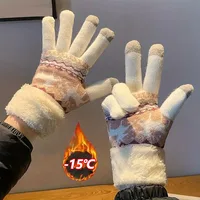 Christmas Reindeer Jacquard Knit Gloves with Plush Cuff Thick Warm Touchscreen Winter Soft Coldproof Warmth for Autumn Winter