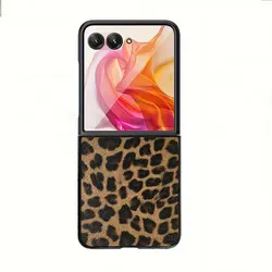 Luxury Leopard Pattern PU Leather Hard PC Phone Case - Fashionable Cute Style Back Cover - Motorola Razr 70 (Brown)