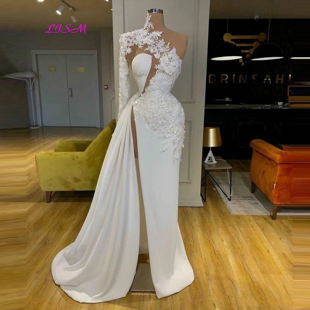 

Exquisite Arabic Dubai Lace Side Split Prom Dresses White High Neck One Shoulder Long Sleeve Evening Party Dress