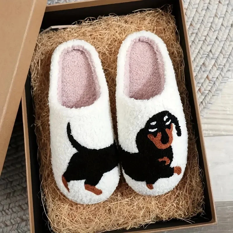 Dachshund Embroidery Plush Slippers Pet Pattern Cat Dog Stuffed Home Furry Cotton Slippers Cute Warm Non-Slip Indoor Home Shoes 3