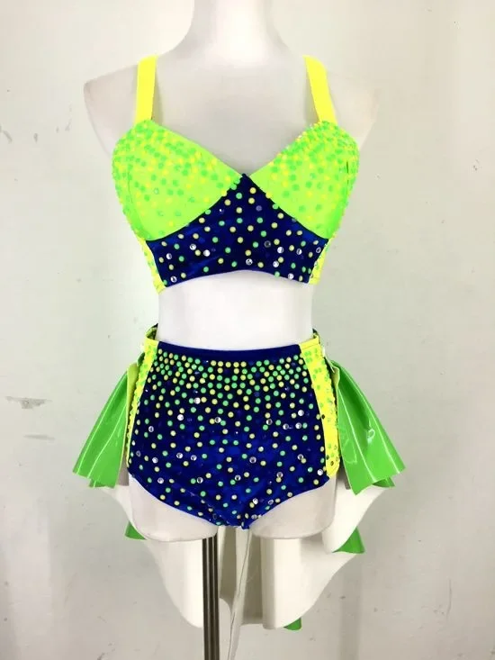 

Female Sexy Pole Dance Clothing Shiny Fluorescent Rhinestones Bikini Female Stage Performance Costume Nightclub Dj Rave Outfit