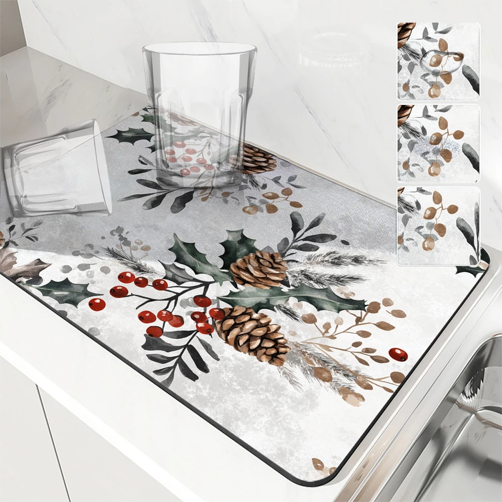 Drying Mat Christmas Holly Berry Fir Pine Non-Slip Absorbent Tableware Kitchen Counter Drain Mats Placemats 1pc