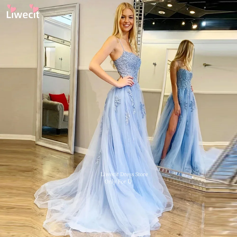 

Liwecit Spaghetti Straps Applique Prom Dresses High Split Sweep Tulle A-line Evening Dresses vestidos de fiesta L فساتين السهرة