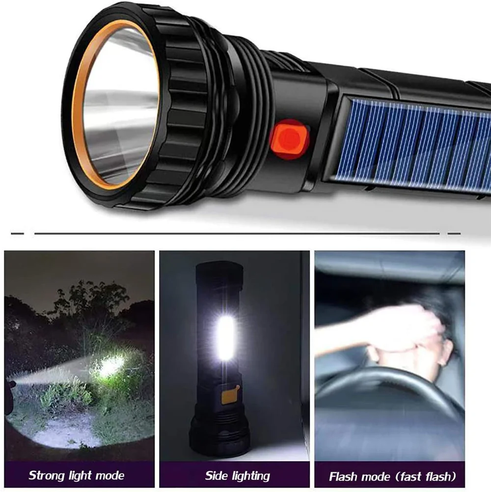 Lampe de poche LED solaire aste, lampe de poche extérieure étanche, lumière  stroboscopique d'alimentation d'urgence, 1000 lumens, chargement USB -  AliExpress