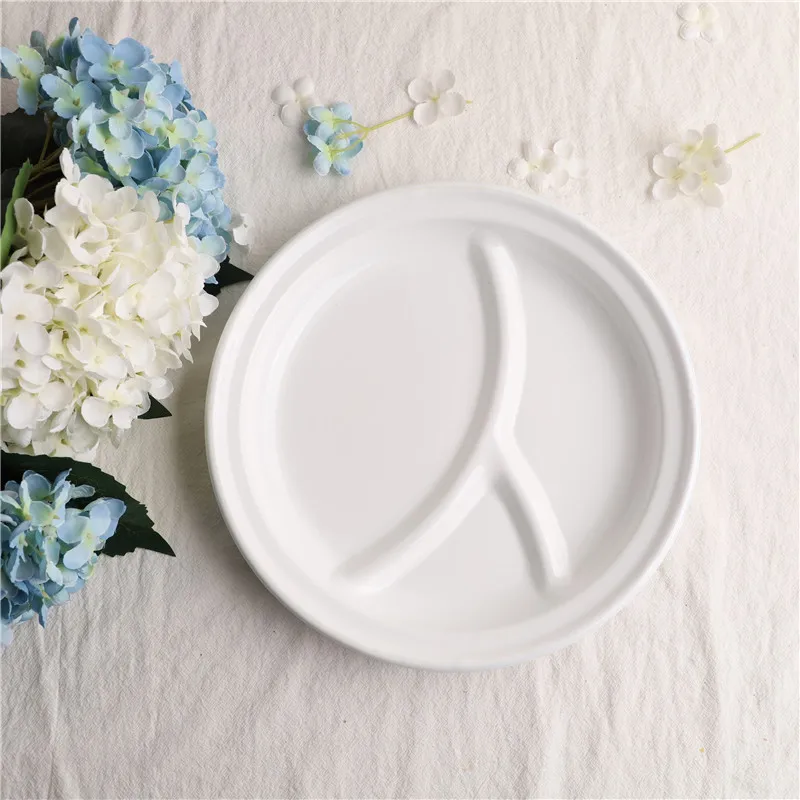 

Cream White Round Enamel Dinner Plate with Compartments, A Set of 2 Pieces