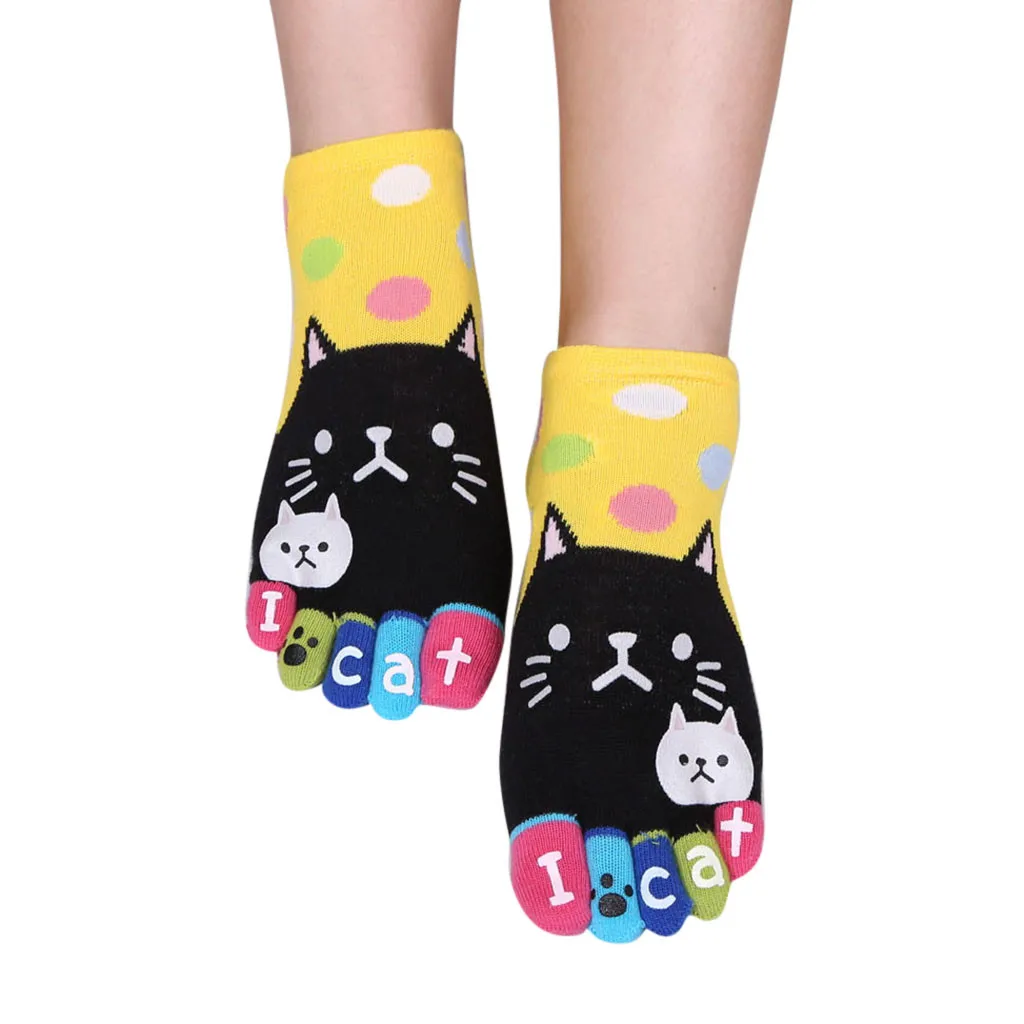 Women Socks Harajuku Letter Cute Cats Patchwork Dot Cotton Kawaii Funny Five Finger Socks For Girls Chrismas Gift Toe Calcetines