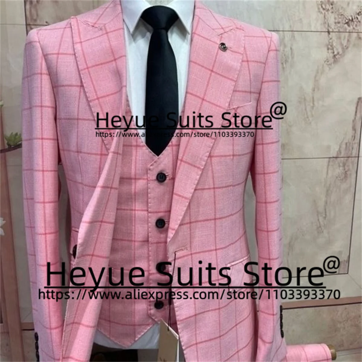 Tailor Made Business Pink Plaid Wedding Suits For Men Slim Fit Peak Lapel Groom Tuxedos 3 Pieces Sets Office Work Male Blazer
