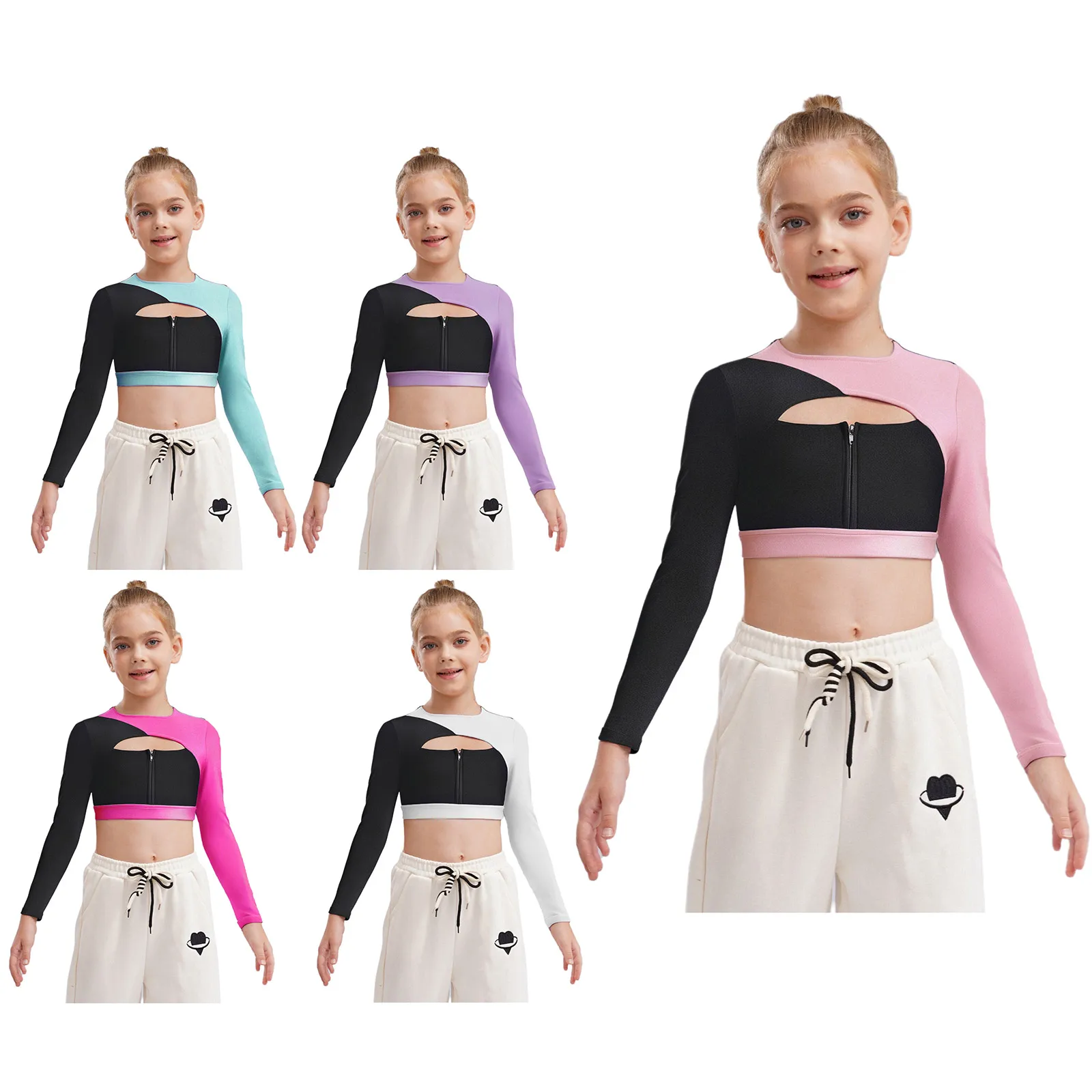 Kids Girls Sports Tops Yoga Tops Workout Running Cycling Costumes Breathable Long Sleeve Front Color Block Crop Top