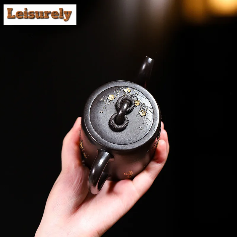 180ml Yixing Purple Clay Teapots Handmade Gold Drawing Dual Ring Pot Raw Ore Dahongpao Reducing Roasting Mud Kettle Zisha Teaset