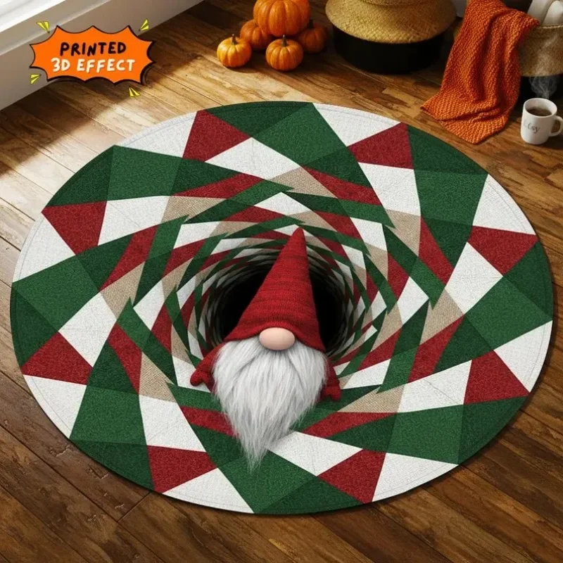 Christmas Gnome Round Rug 3D Gift Illusion Mat Holiday Winter Carpet Festive Santa Gnome Floor Rug Xmas Home Decor Round Rug 2