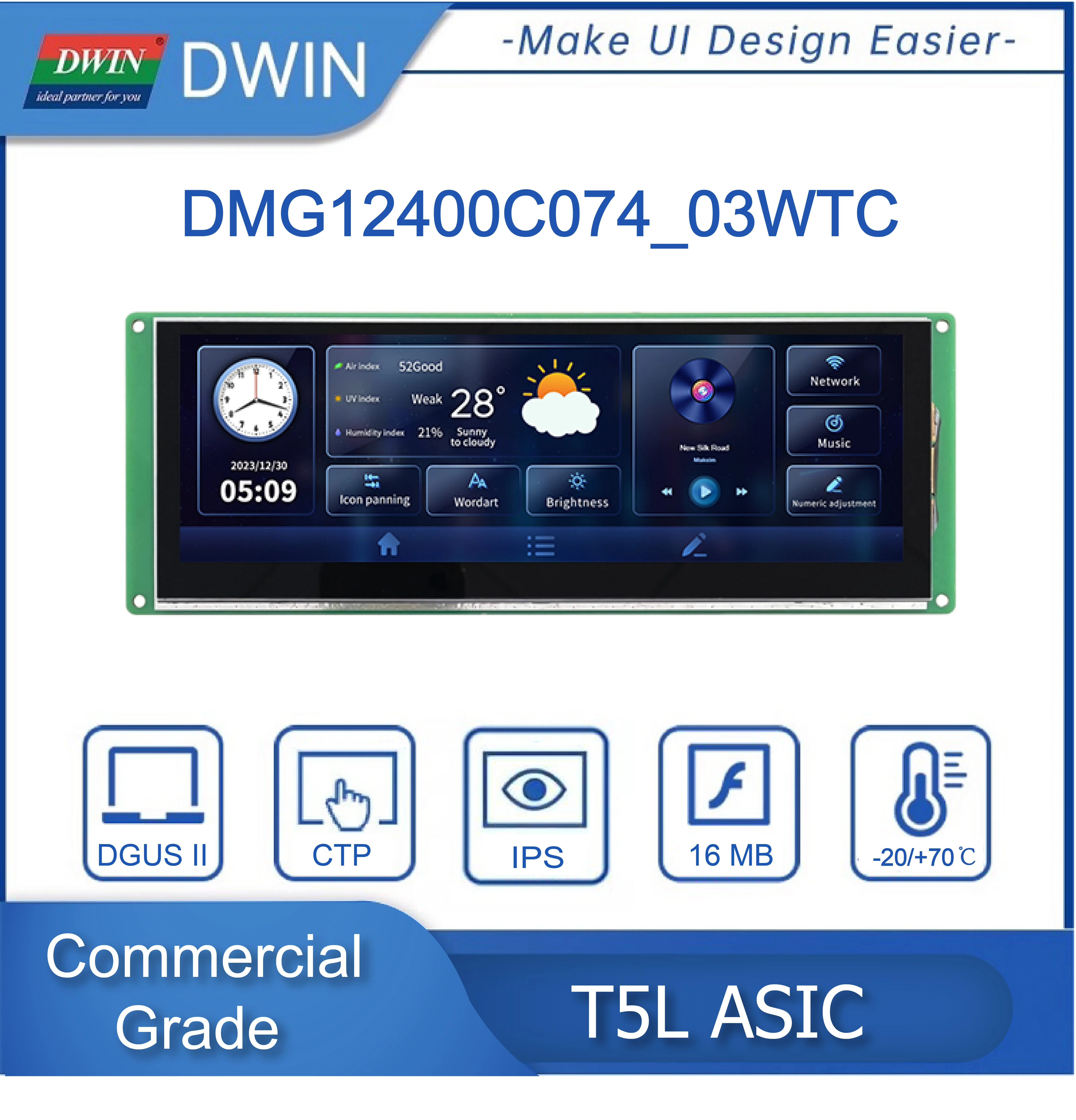 

DWIN Новый 7,4 дюймовый 1280x400 HMI UART дисплей TFT LCD сенсорный экран умный модуль T5L DGUS II