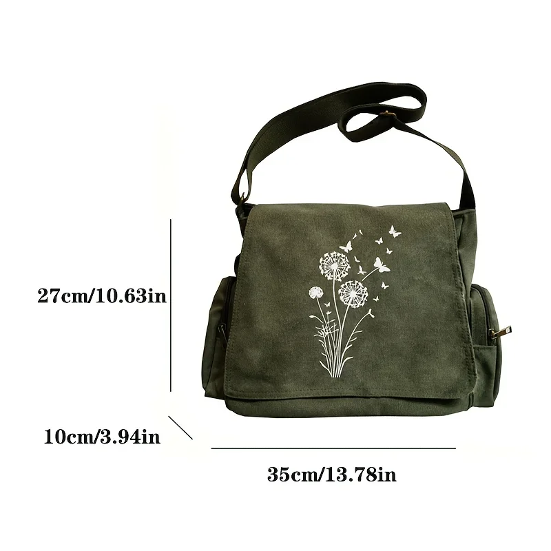 Dandelion & Butterfly Floral Print Women's Messenger Bags Zipper Closure Handbags Vintage Canvas Travel Crossbody Bag