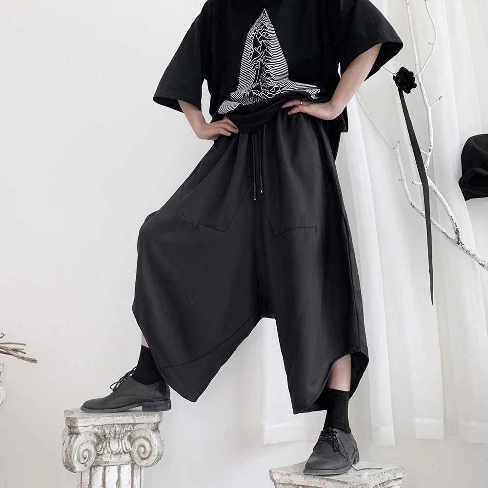 

Street Japanese Dark Wide-leg Pants Men Summer Solid Loose Harem Pants Bloomers Irregular Eighth Culottes Unisex Casual Trousers