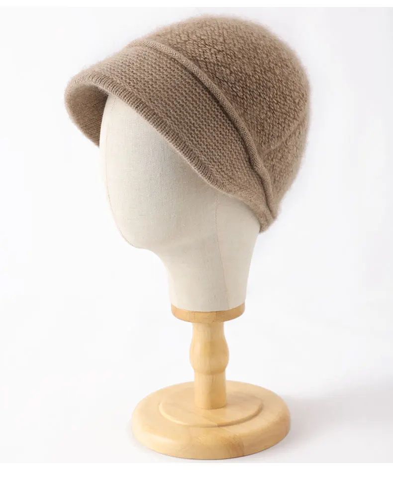 100% Reine Kaschmir-Visor-Mütze für Damen, Weiche Schirmmütze, Bouclé-Frottee-Strickmütze, Warme Wintermütze mit Schirm, Kaschmir-Entenschnabelmütze für den Winter – Detail 10