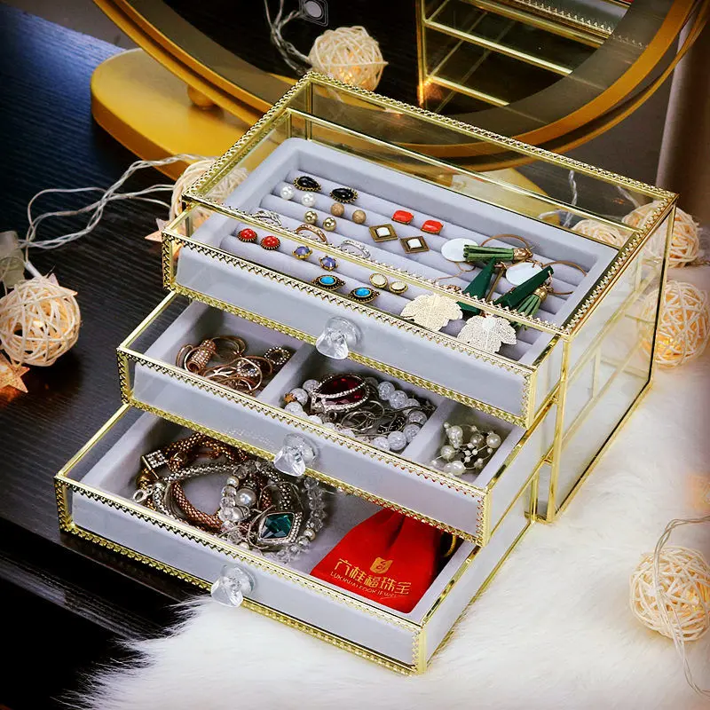 Vidro blindado adorno caixa de armazenamento 1-3 camadas anel colar pulseira jóias organizador quarto gaveta organizador para cosméticos