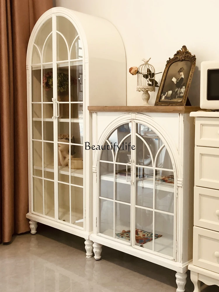

French Retro Arch Bookcase Solid Wood Wine Cabinet with Glass Door Living Room Wall Hallway Storage