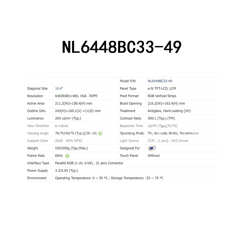 하이 퀄리티 산업용 LCD 디스플레이 모니터 화면, 640*480 NL6448BC33-49, 10.4 인치