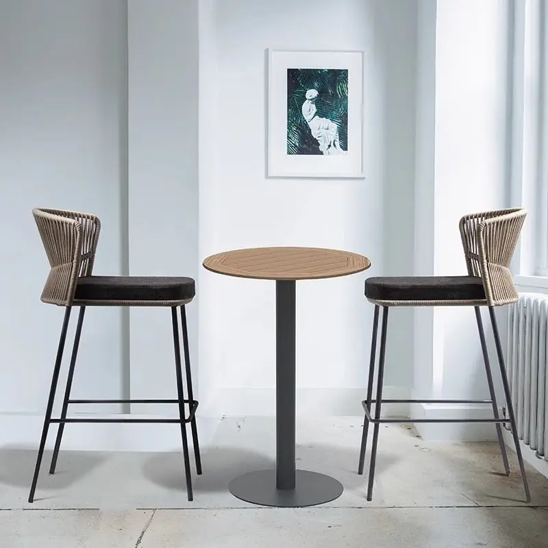 Outdoor Bar Chair Leisure High Stool Balcony Patio Rattan Chair Open Air Restaurant Cafe Aluminum Rope Woven Furniture Design