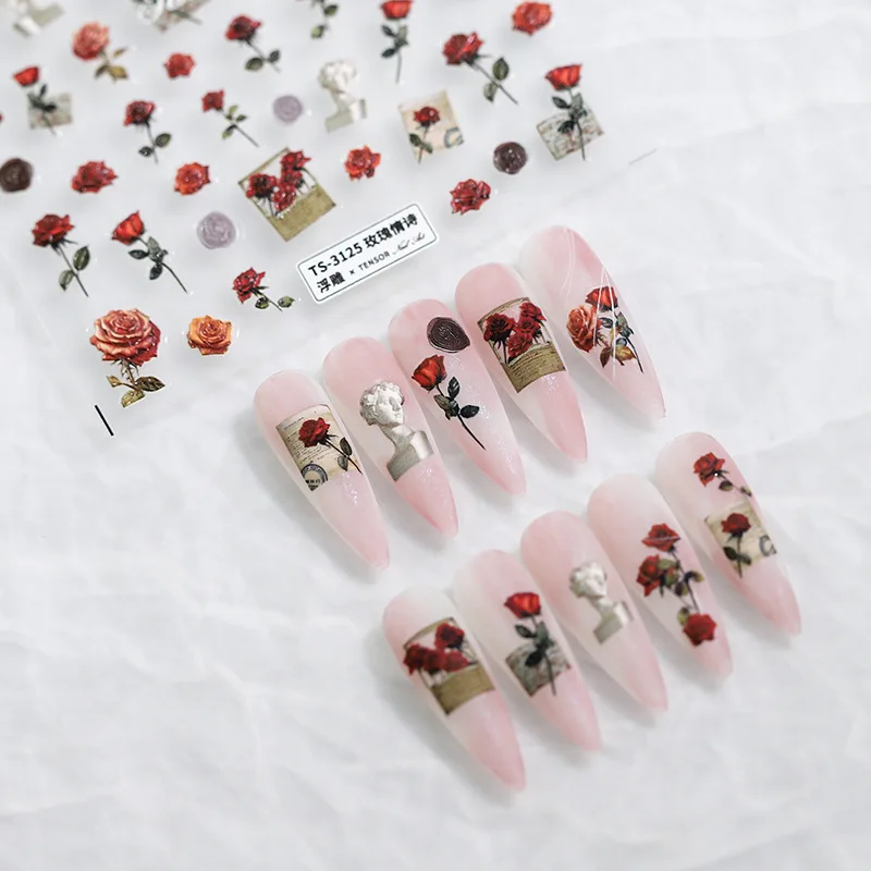 

[Meow.Sensei] 5d Thin and Tough Three-Dimensional Nail Stickers Adhesive Nail Sticker Ornament TS-3124 Rose Love Poems