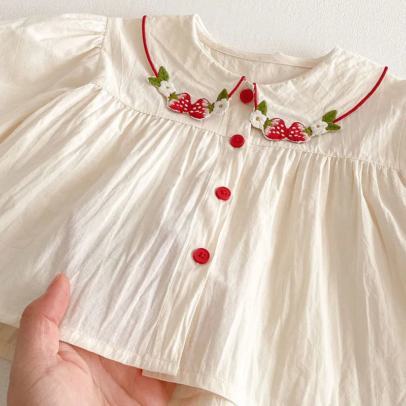 Girls Embroidered Strawberry Shirt Jeans Outfit