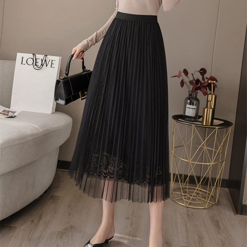 a line skirt Women Midi Lace Skirts Spring Summer Elastic High Waist Mesh Tulle Skirt Casual Pleated Skirts Apricot Black Office Lady N136 a line skirt Skirts