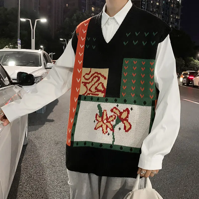 

Men's Clothing Waistcoat Graphic Vest Black Knit Sweater Male Cute Sleeveless Maletry Korean Fashion Elegant Warm Street T Shirt